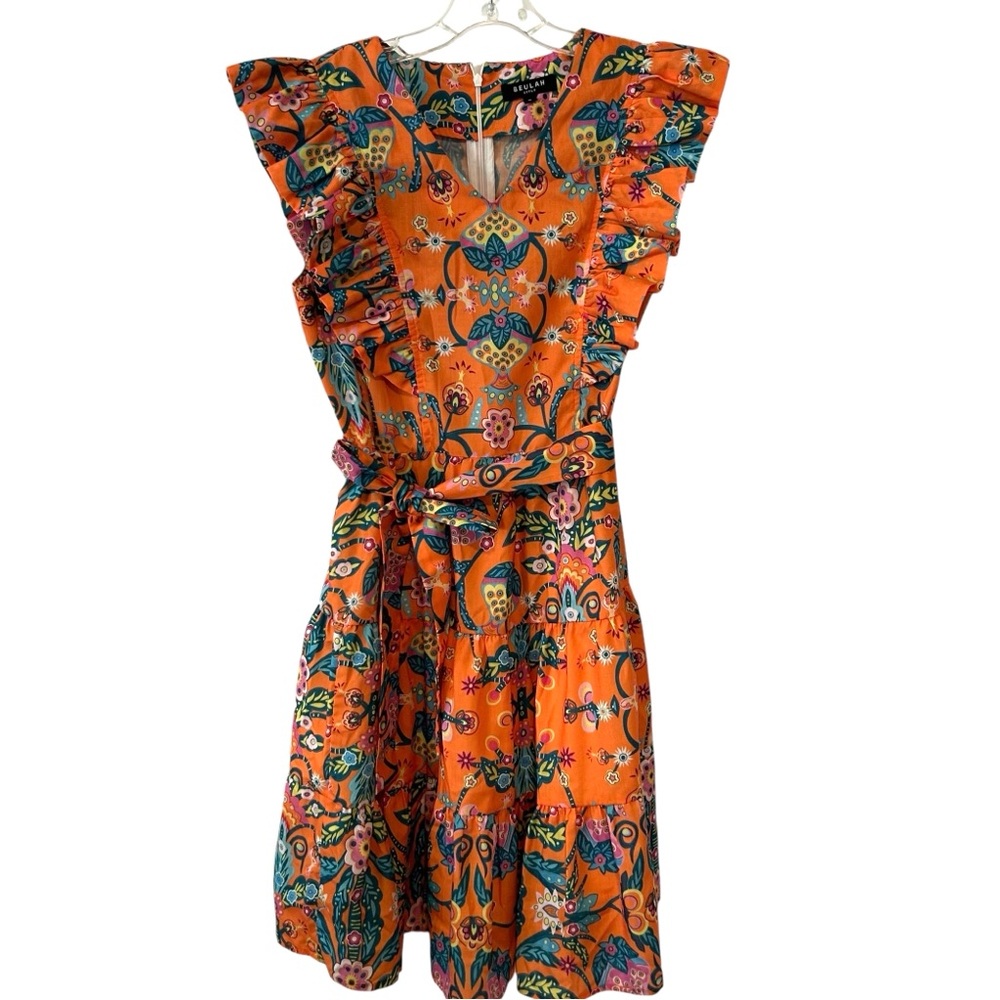 Beulah Style Women's Orange‎ Print Ruffle Dress in Size S